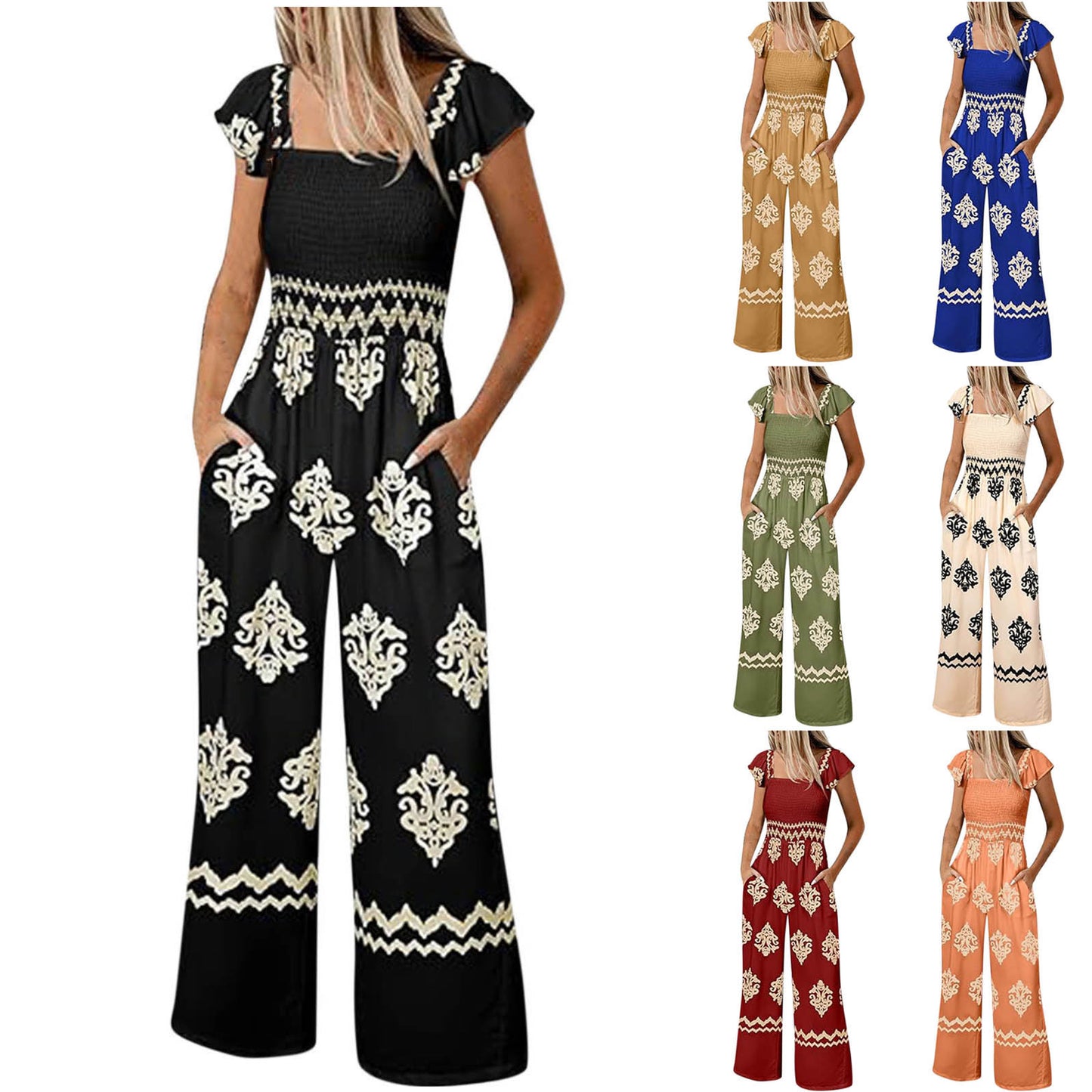 Women's Bohemian Suspender Vintage Printed Cover Sleeve Women's Jumpsuit/clothing