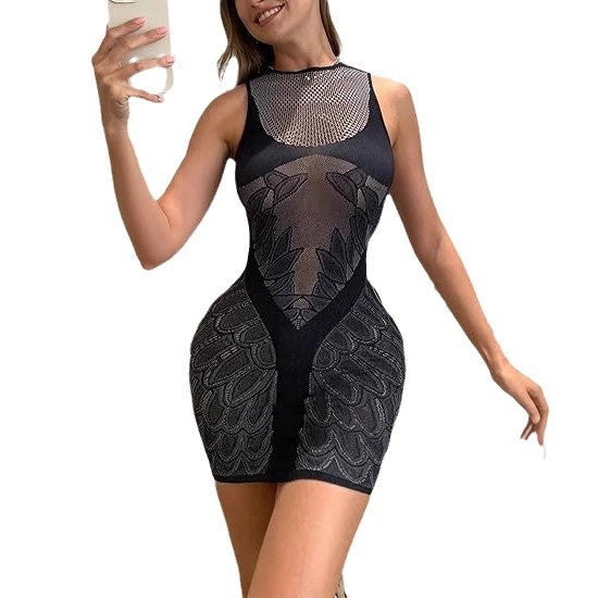 Women's Round Neck Hollow Sexy Slim Fit Knitted Fashion High Dress