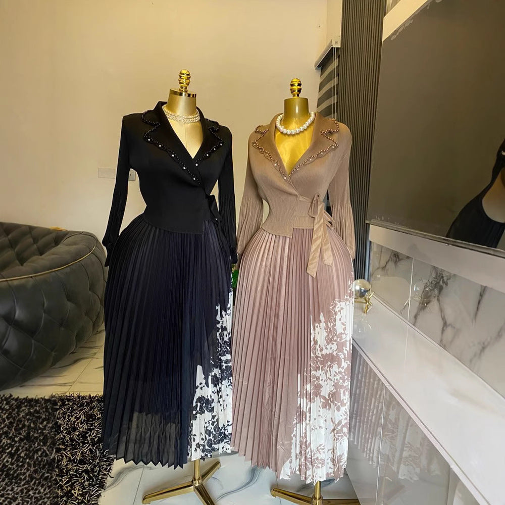 Women's Fake Two Pieces Pleated Print Dress Dresses