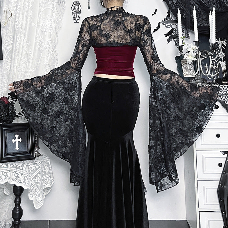 Gorgeous Gothic Three-dimensional Lace Flower Halloween Black Versatile Blouses