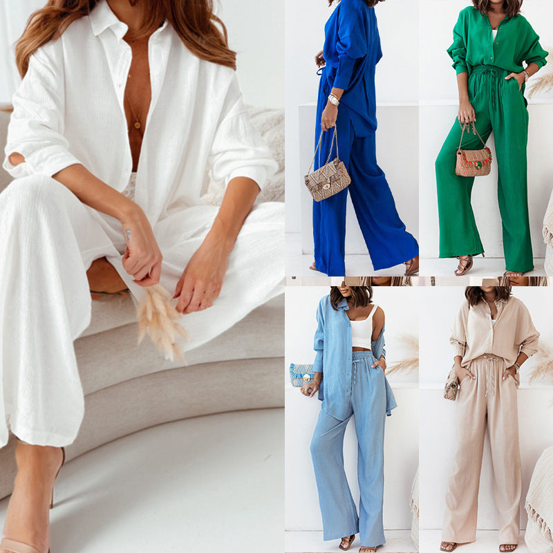 Women's Pure Color Lapel Shirt High Waist Trousers Two-piece Fashion Casual Suit
