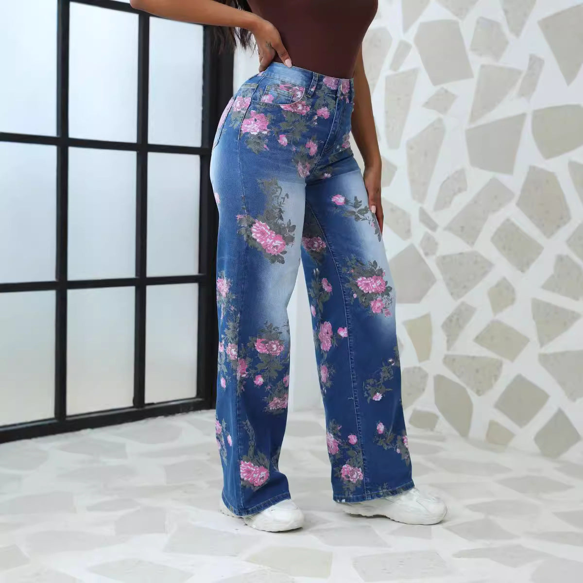 Waist Stretch Vintage Random Print Loose Wide Jeans