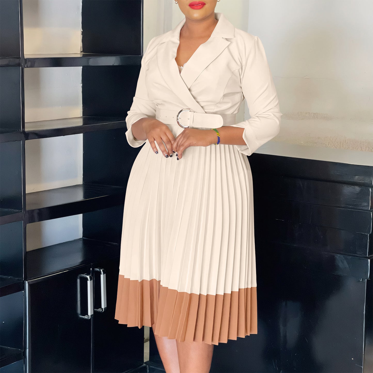 Women's Spring Collar Fashion Elegant Pleated High Dress