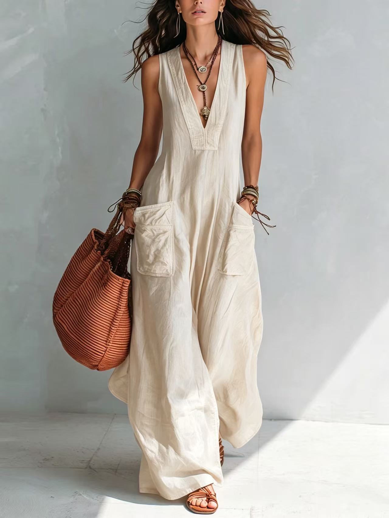 Solid Color Temperament Large Loose Pockets Jumpsuits
