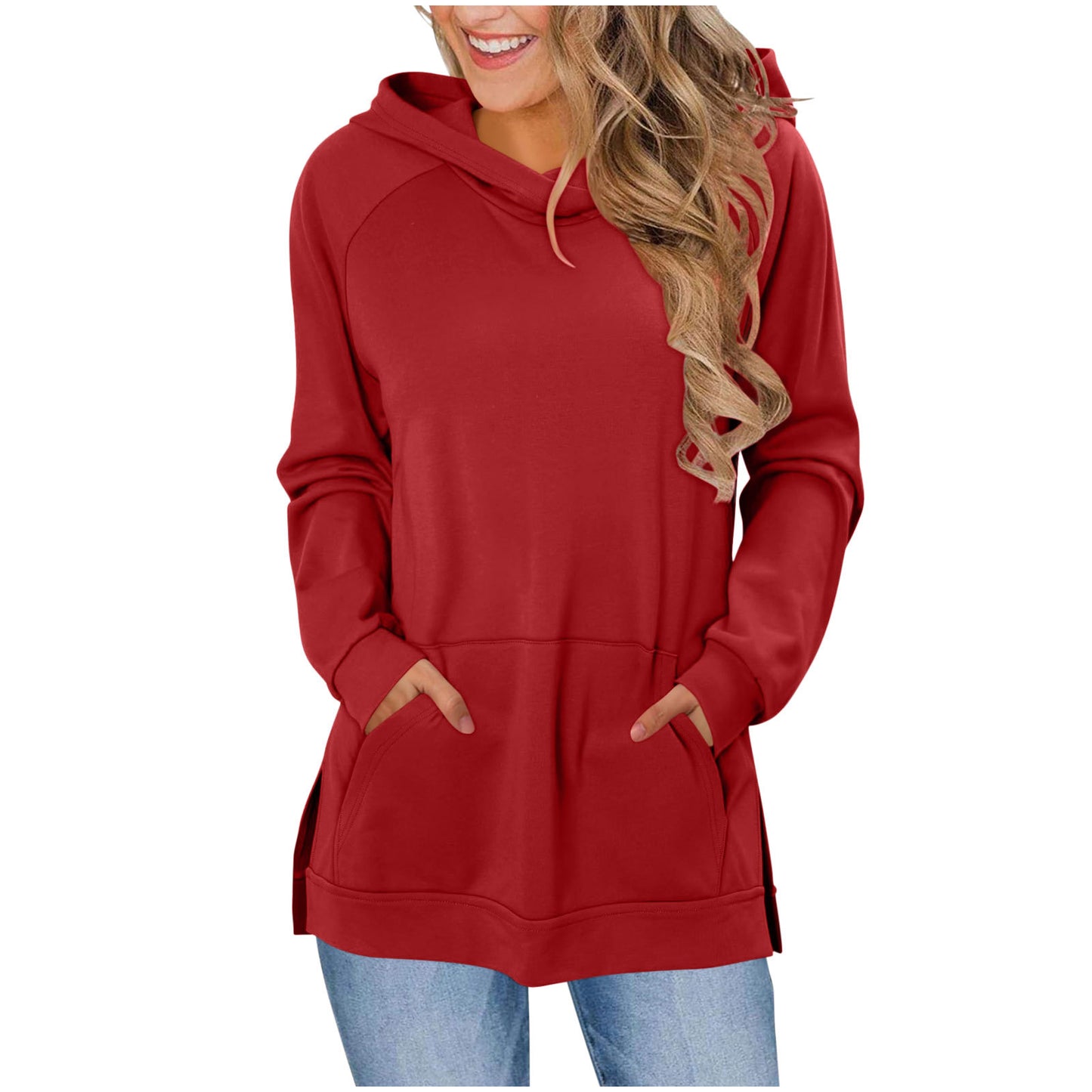 Women's Solid Color Hoodie Wipe Shoulder Long Sleeve Pocket Slit Hemline Women's Sweater, Sweater