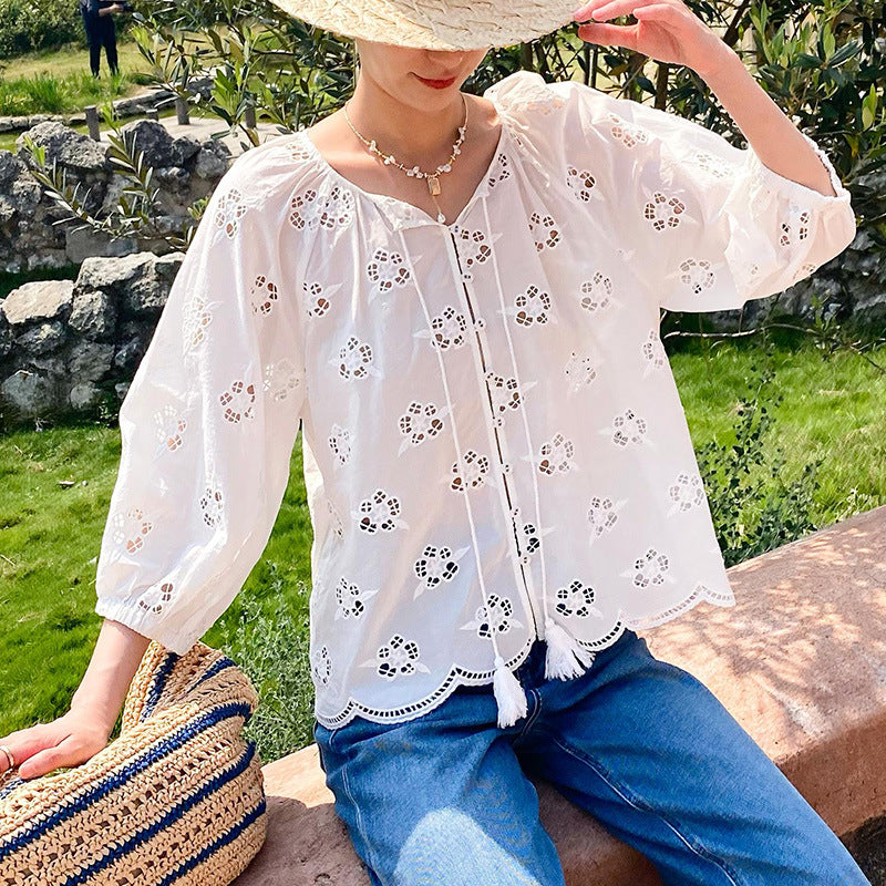 Women's French Embroidery Hollow Out White Shirt Tops