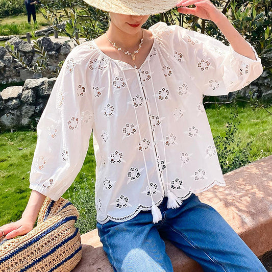 Women's French Embroidery Hollow Out White Shirt Tops