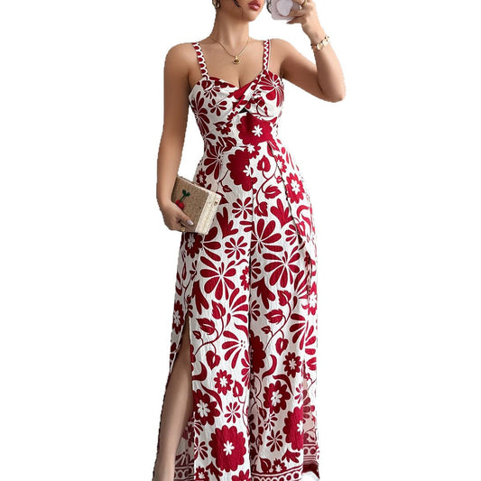 Women's Elegant Twist Print Small Sling Wide Jumpsuits