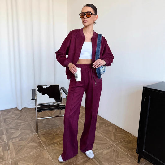 Women's Casual Solid Color Zipper Elastic Two-piece Suits