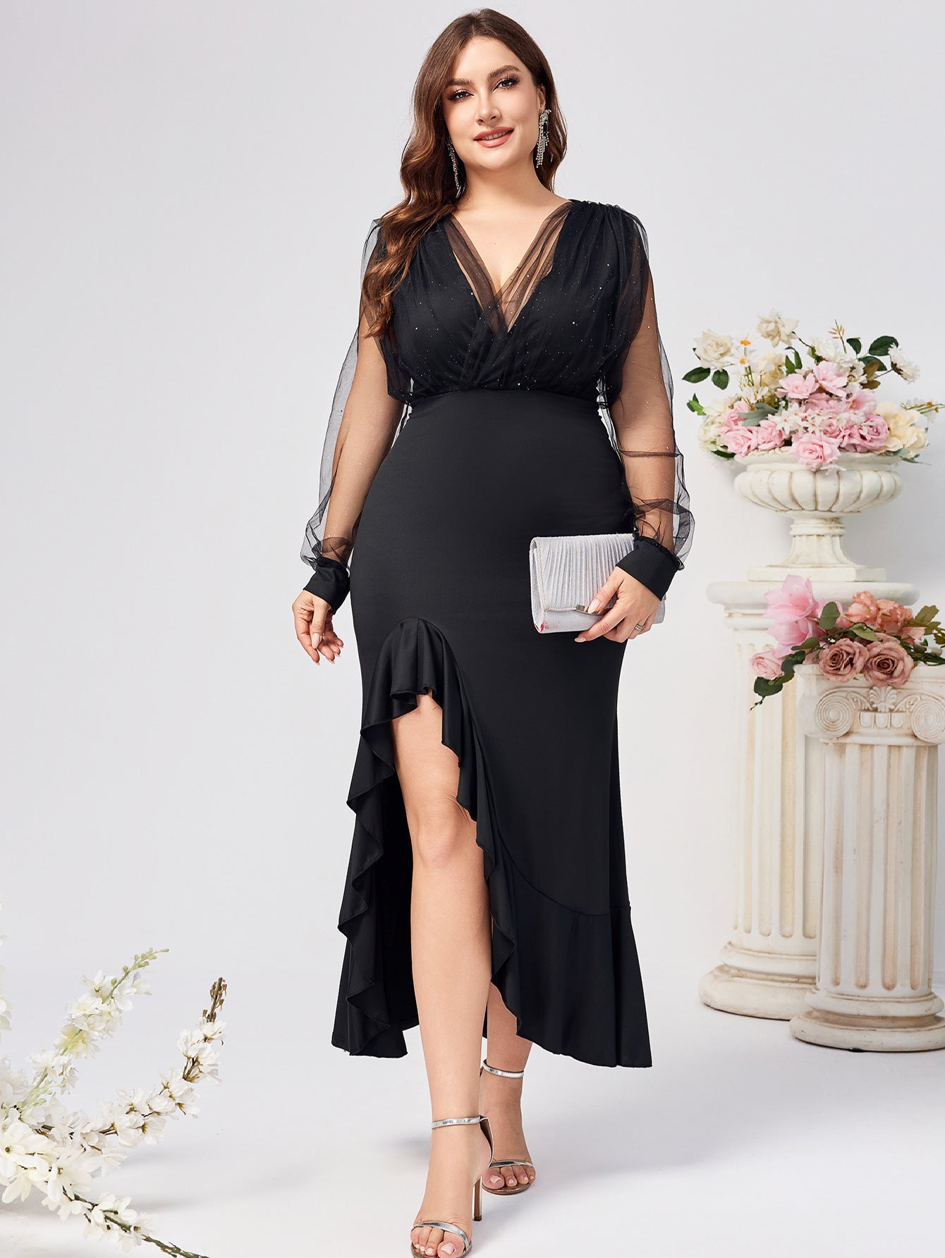 Women's Collar Net Yarn Sleeve Elegant Large Dresses