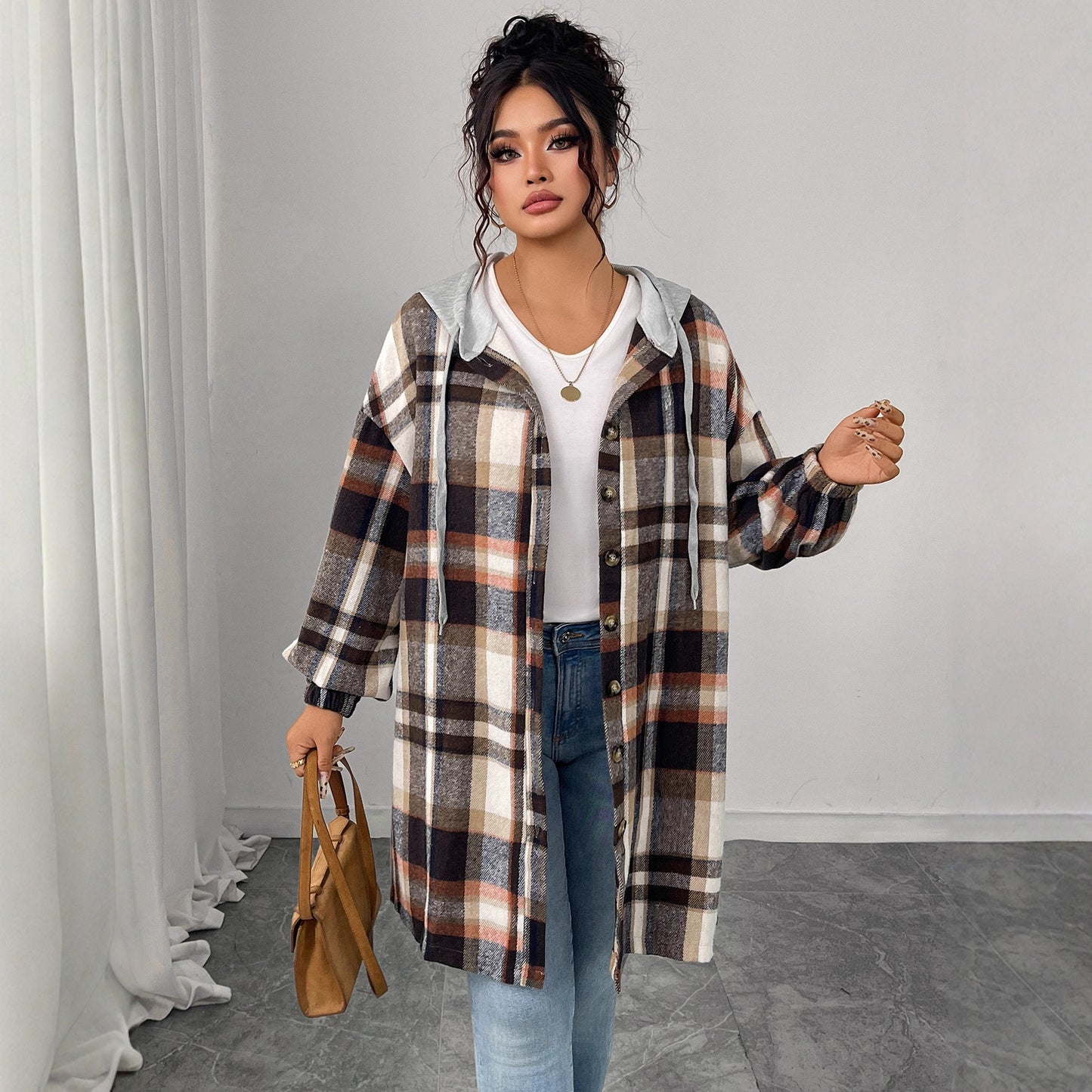 Plaid Versatile Loose Artistic Retro Hooded Coats