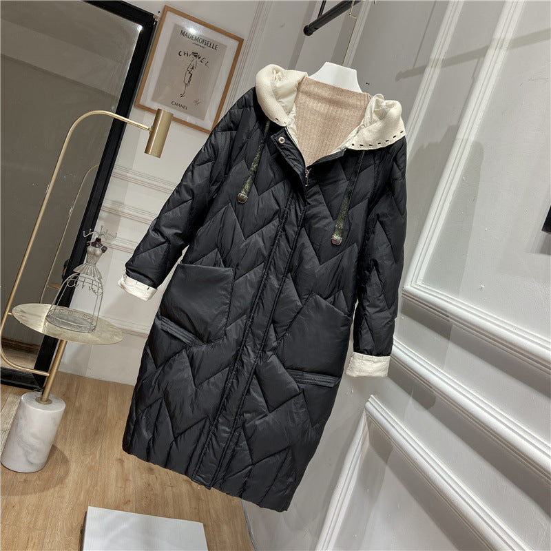 Women's Mid-length Lightweight Down Fashionable Knitted Hooded Korean Jackets