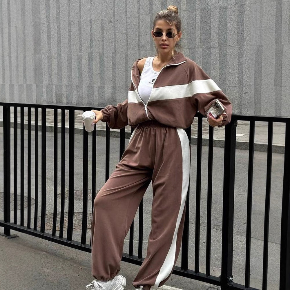 Women's Casual Sports Zipper Trousers Two-piece Set Suits