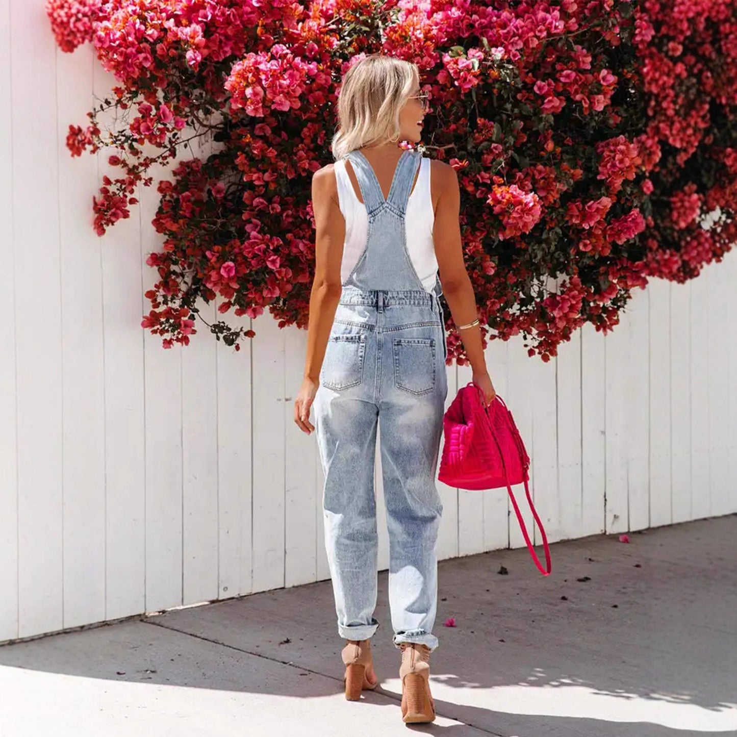 Women's Light Blue Broken Hole Denim Overalls Jeans