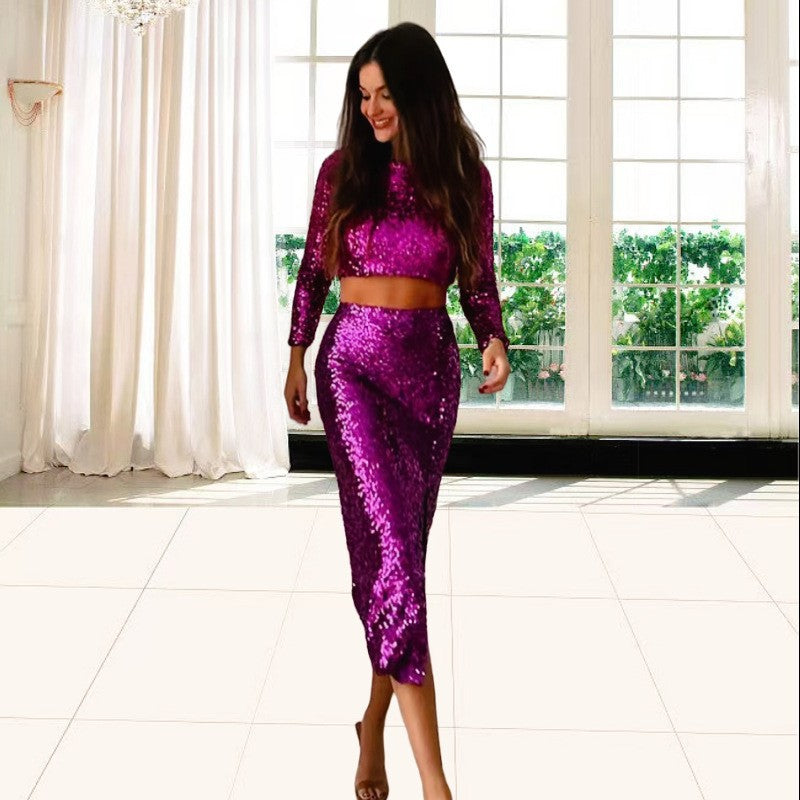 Women's Sequined Sexy Party Nightclub Long-sleeved Split Sequin Dresses