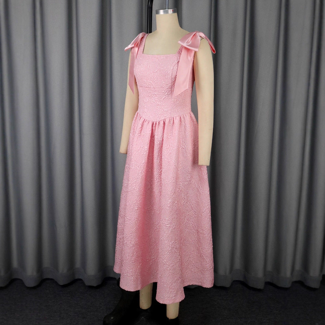 Women's Elegant Bow Dress Jacquard High Waist Dresses