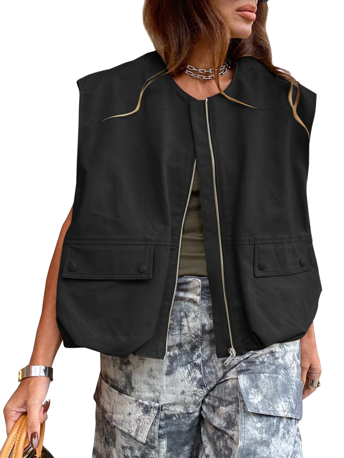 Women's Sleeveless Pocket Loose-fitting Waistcoat Zip Fashion Women's Vest