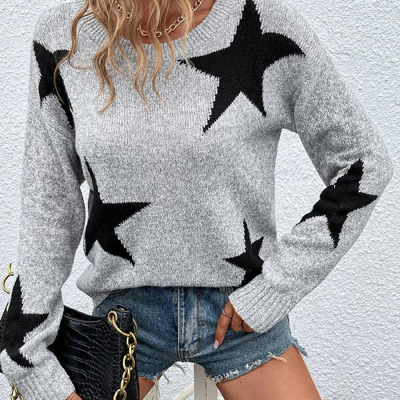 Women's Neck Long Sleeve Five-star Jacquard Pullover Sweaters
