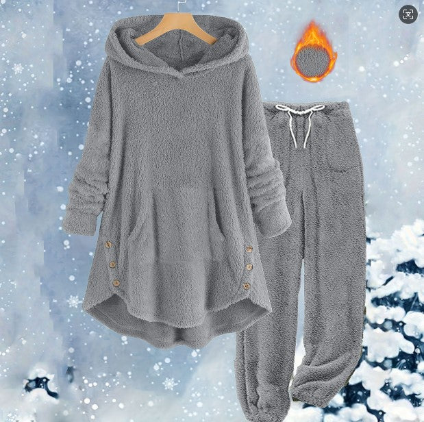Women's Casual Solid Color Plush Hooded Long Sleeve Suits