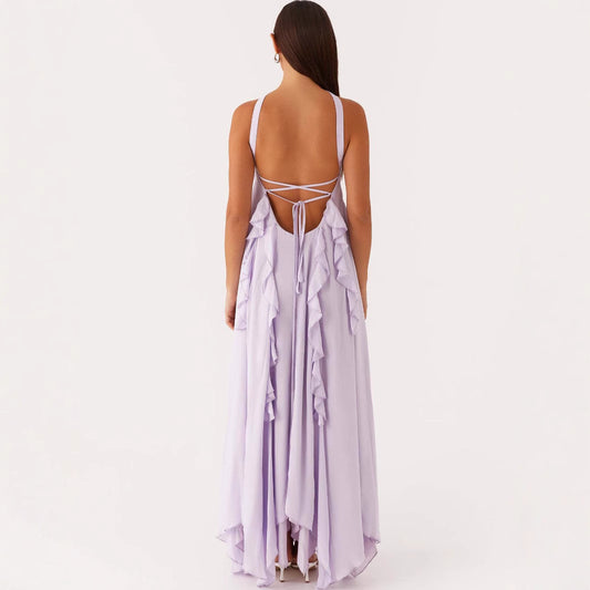 Spring Backless Halter Irregular Pleated Chiffon Dresses