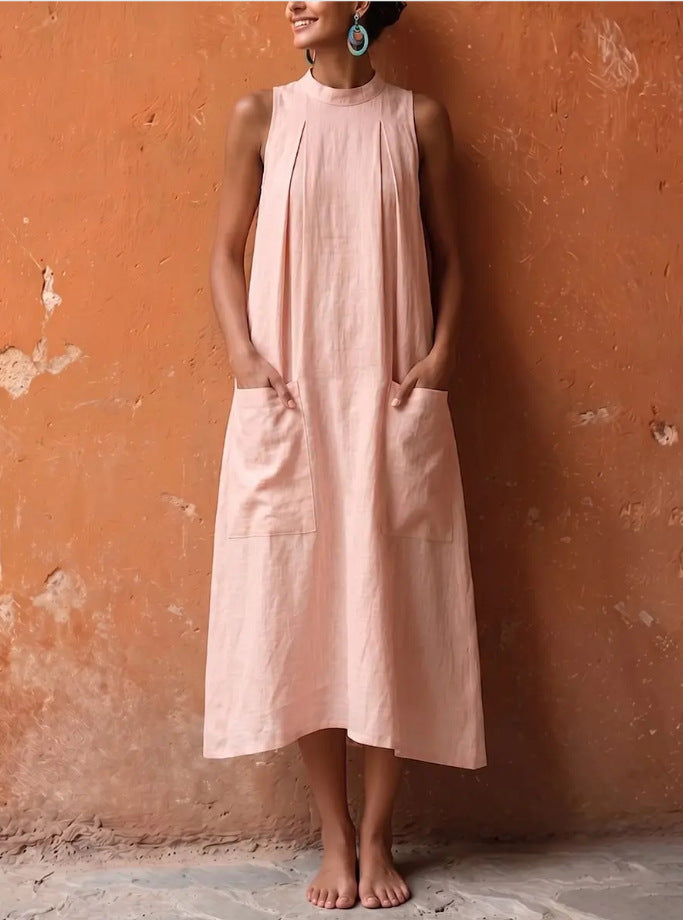 Women's Solid Color Sleeveless Stand Collar Loose With Dress