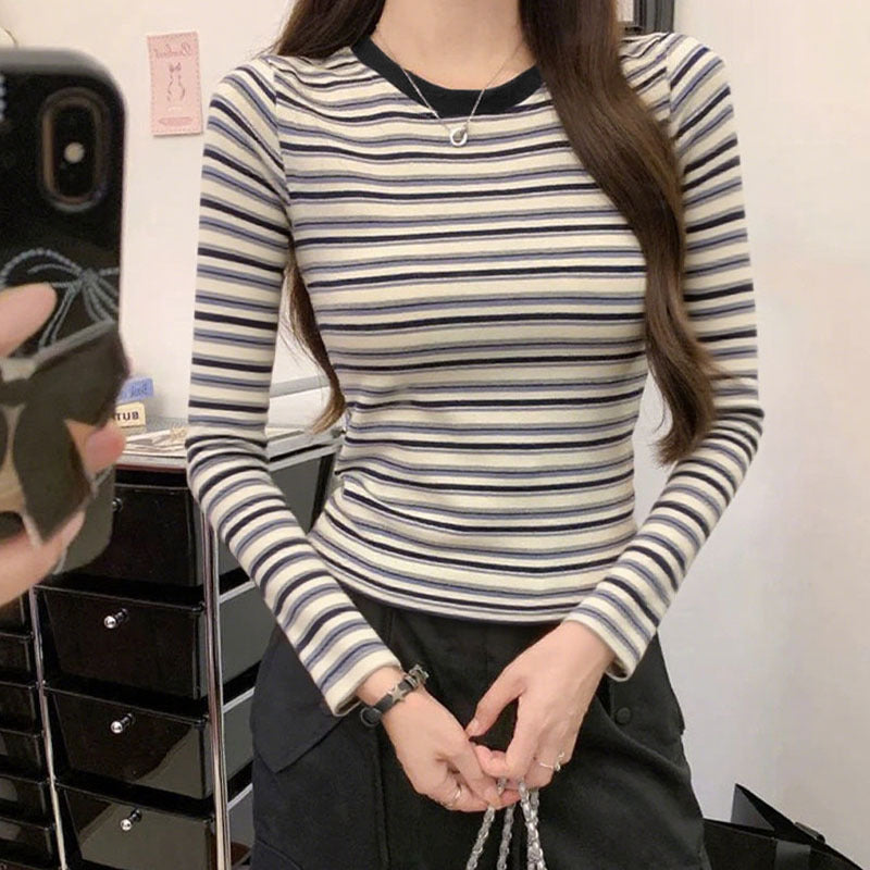 Women's Contrast Color Round Neck Striped Long-sleeved American Women's T-shirt
