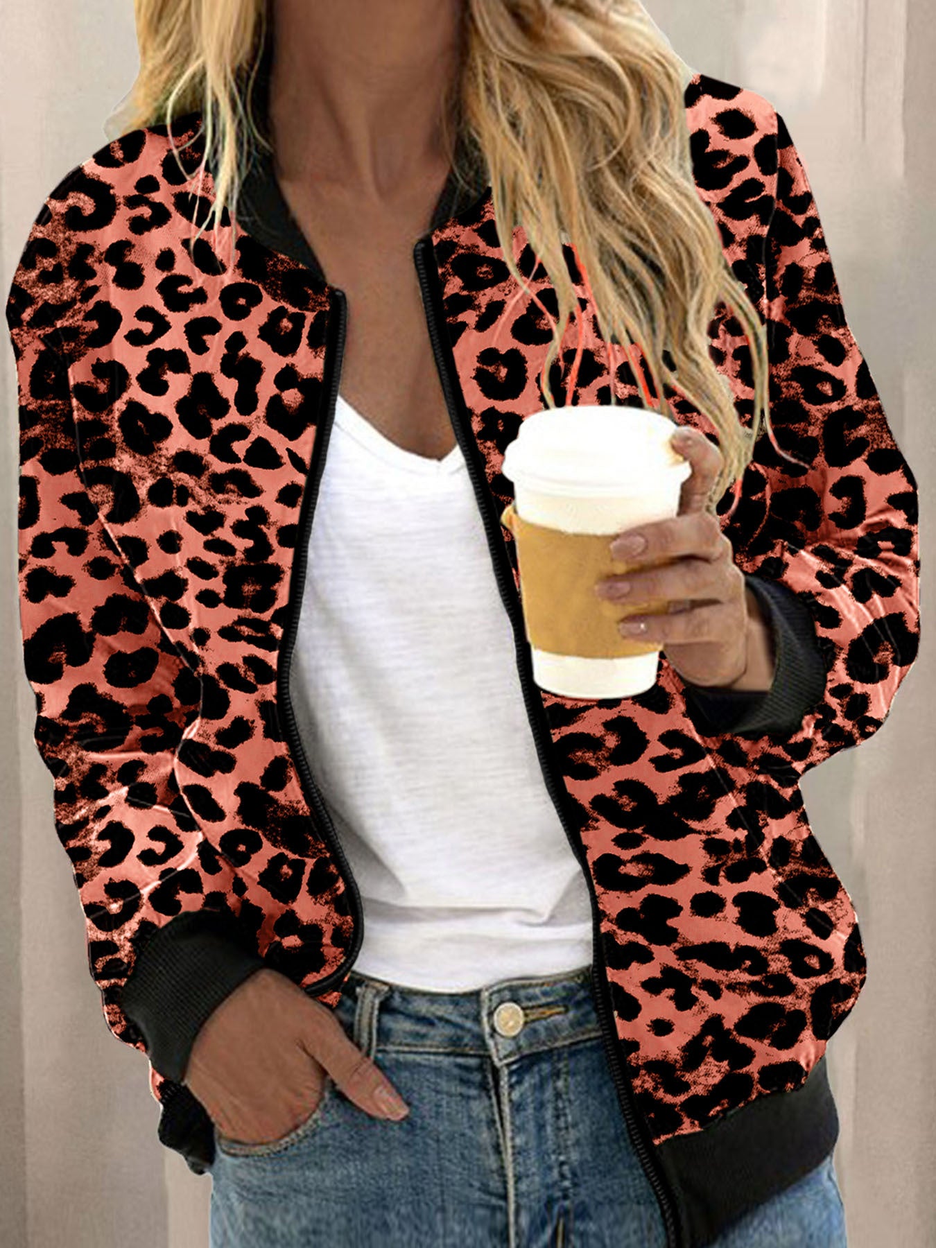 Autumn Leopard Print Stand Collar Zipper Women's Sweater, Sweater