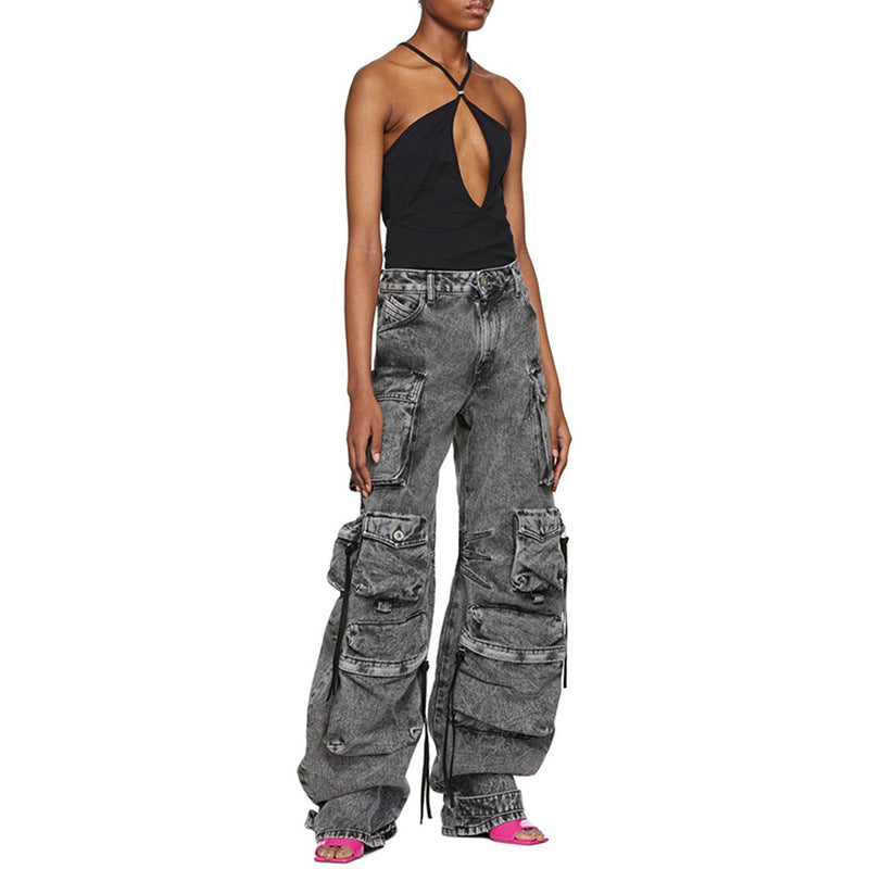 Smoky Gray Stitching Cargo Street Washed Pants