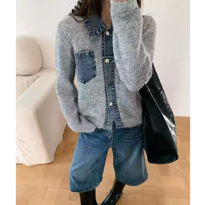 Women's Niche Retro Lapels Double Pocket Color Contrast Knitwear