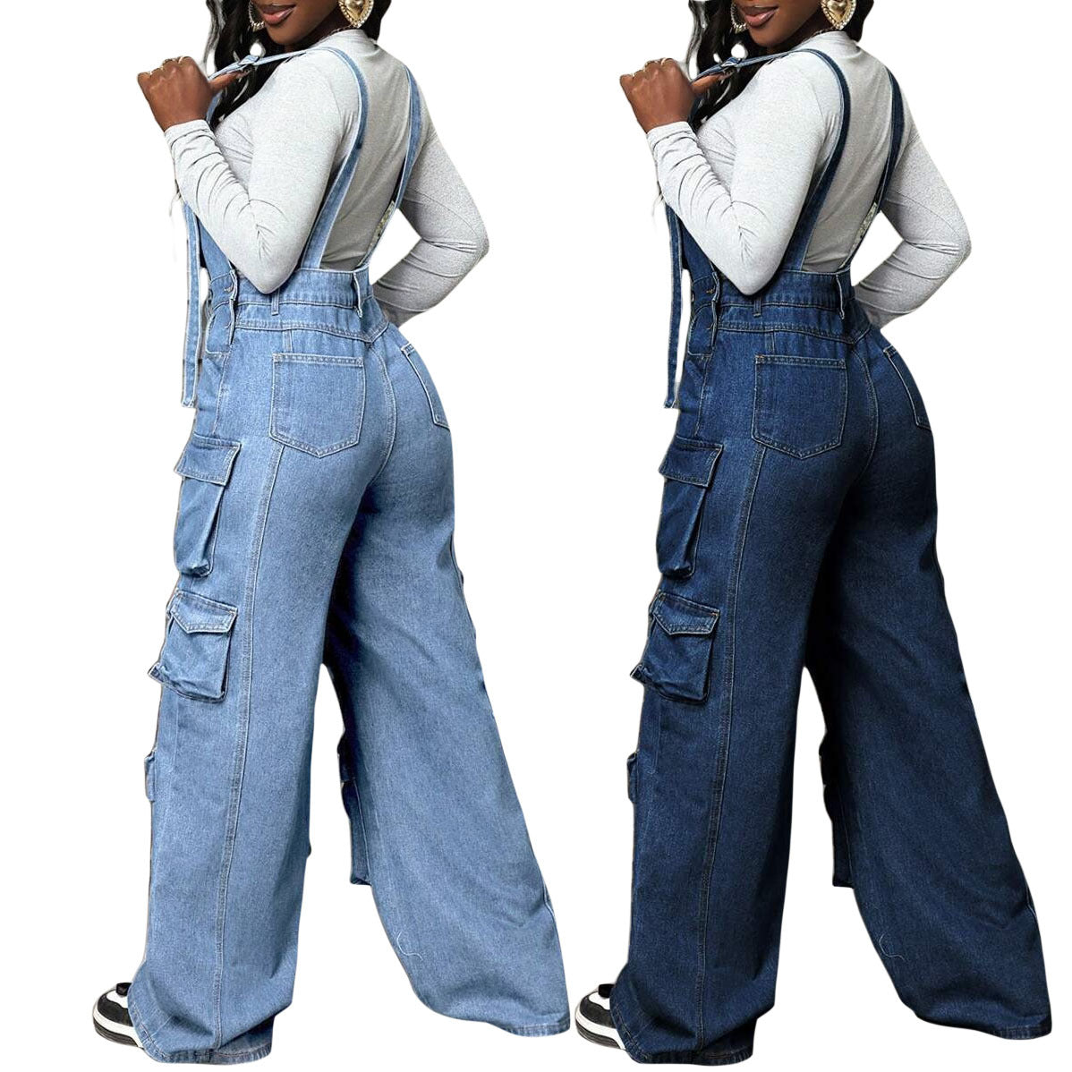 Attractive Wide Leg Denim Loose-fitting Overalls Jumpsuits