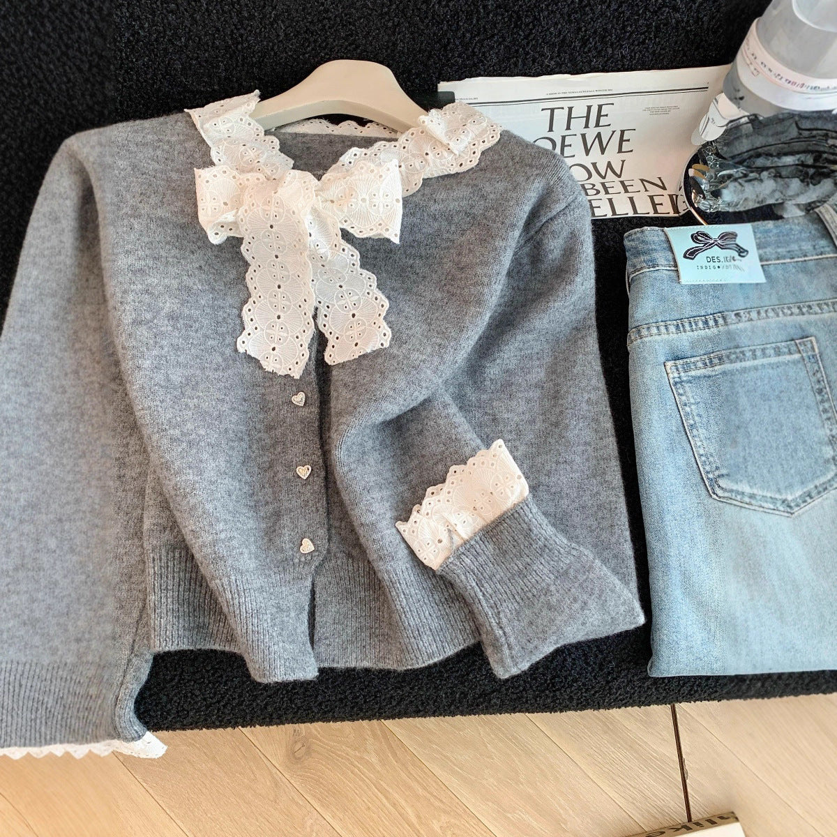 Korean Style Lace Bow Single-breasted Soft Glutinous Sweaters