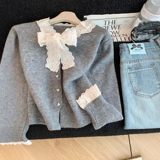 Korean Style Lace Bow Single-breasted Soft Glutinous Sweaters