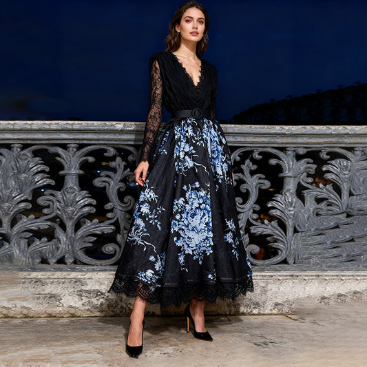 Women's Lace Long Sleeve Floral Print Dress Waist Large Dresses