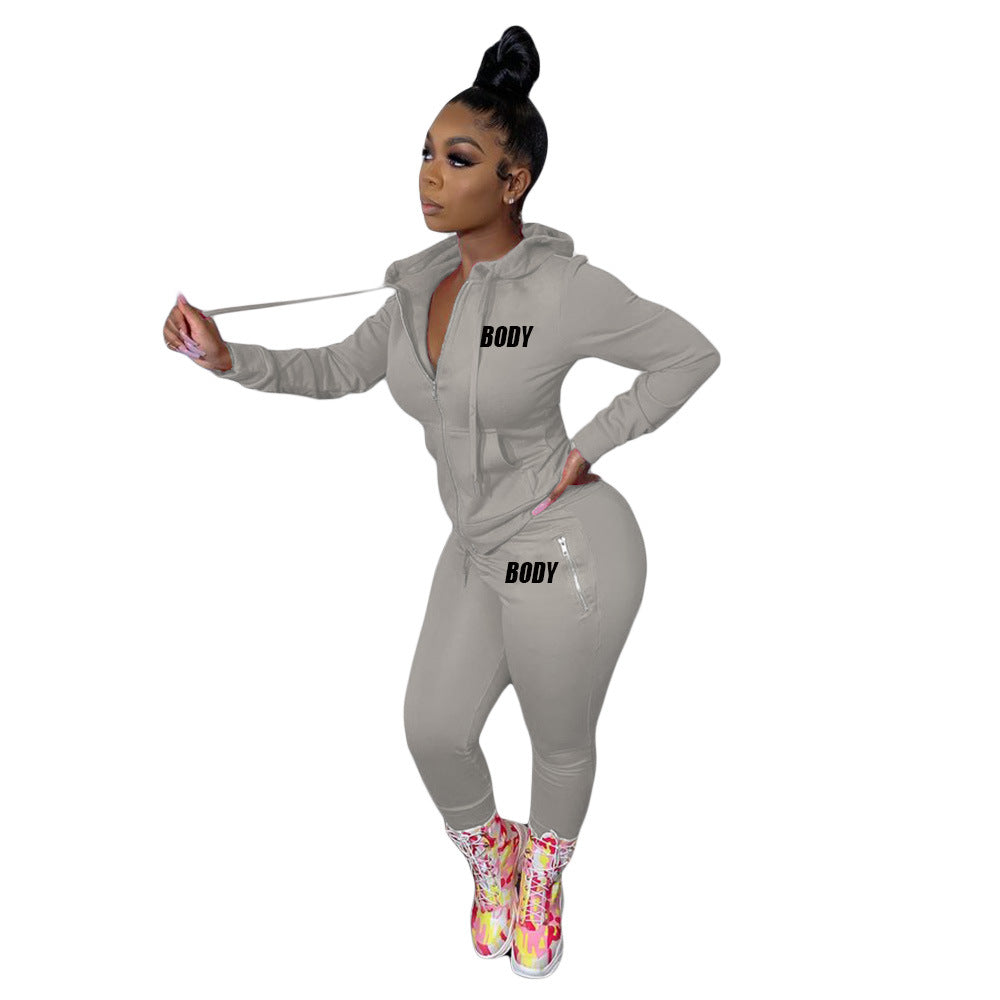Women's Autumn Letters Printing Personality Zipper Two-piece Suits