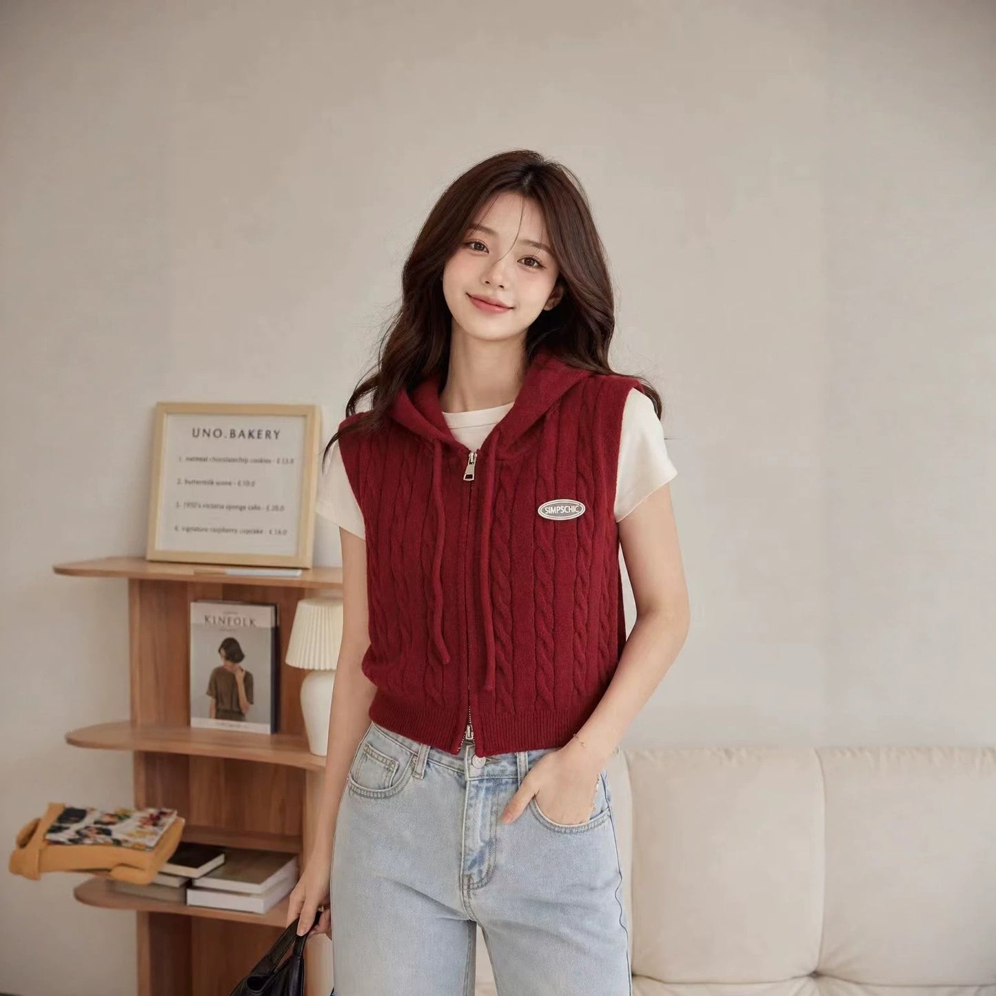 Women's Hooded Twist Waistcoat Outer Wear Loose Cardigans
