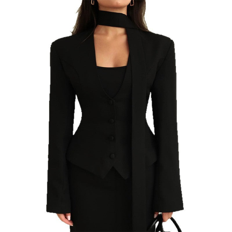 Women's Solid Color Scarf With Long Sleeves Blazers