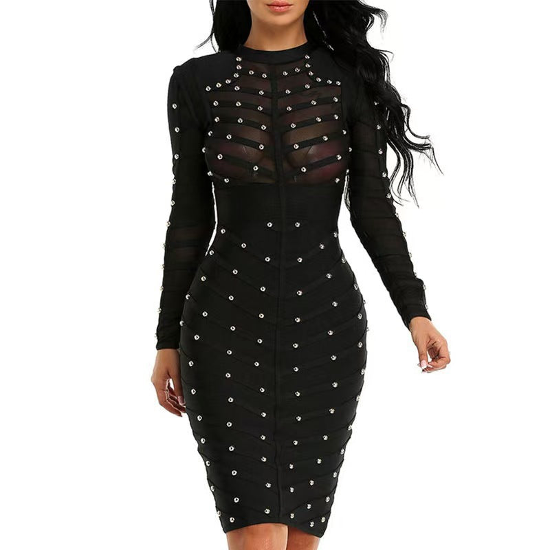 Rivet Mesh Long Sleeve Bandage One-piece Dresses