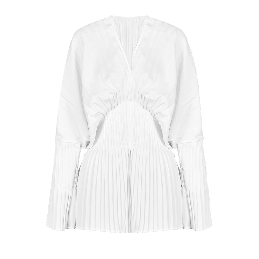 Temperament Slimming Autumn Waist Pleated Bell Tops