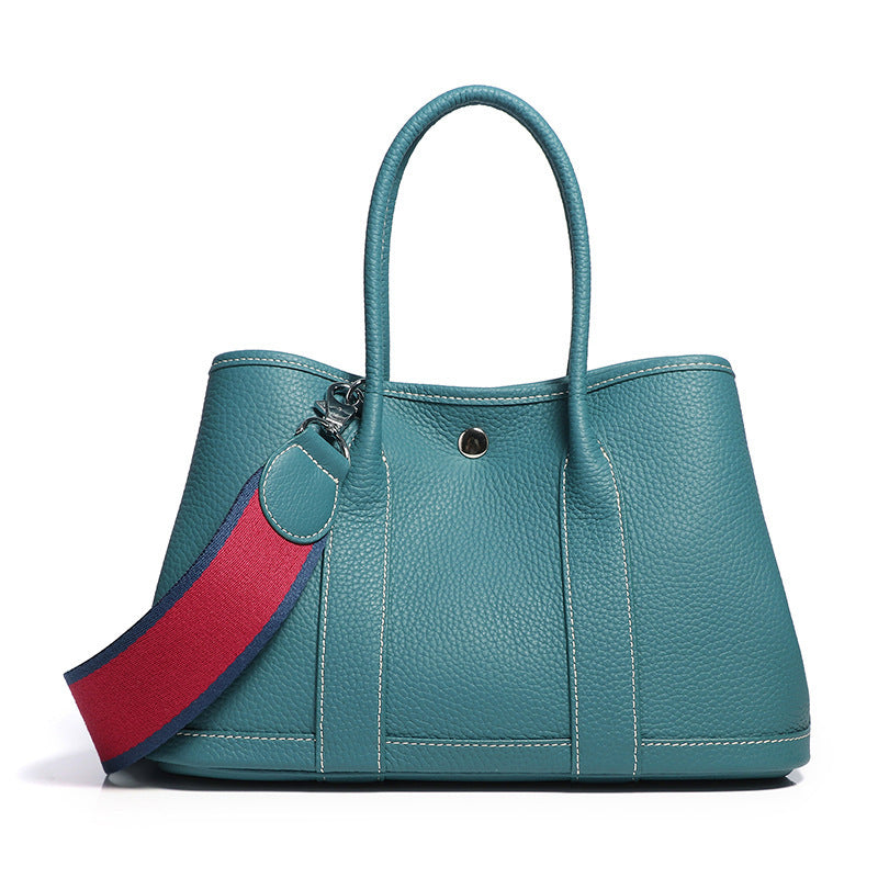 Durable Women's Cowhide Lychee Pattern Wide Handbags