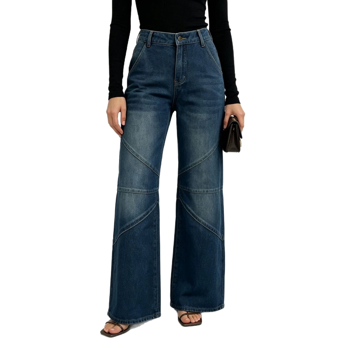 Women's Fashionable Pleated Washed High Street Straight Jeans