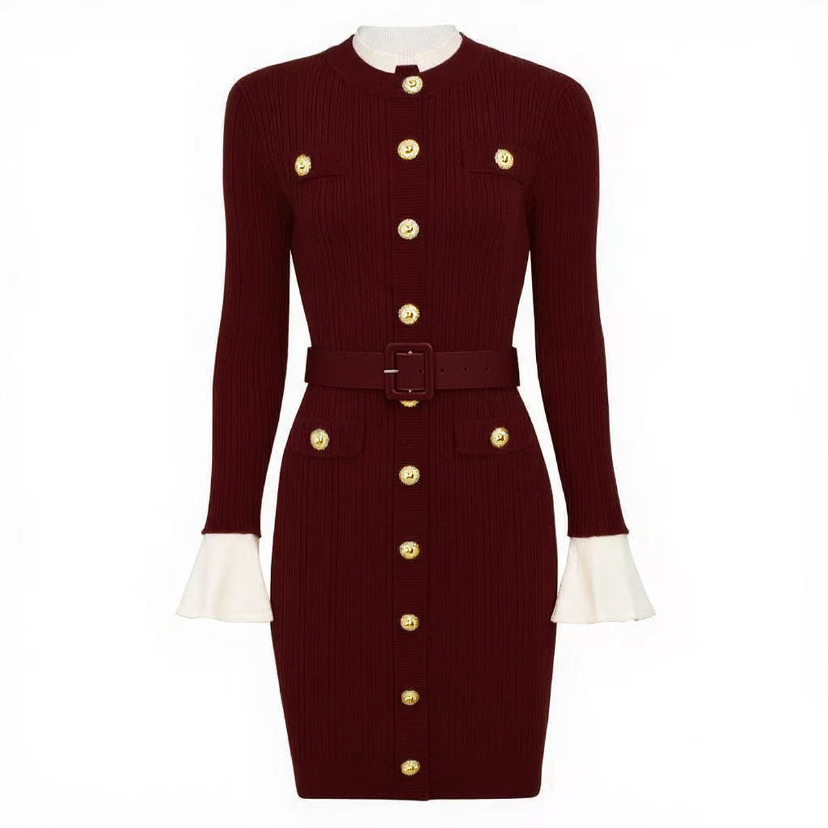 Long Sleeve Round Neck Belt Knitted Dresses