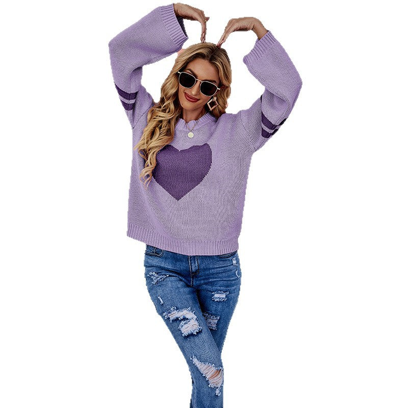 Women's Color Heart Peach Round Neck Valentine's Sweaters