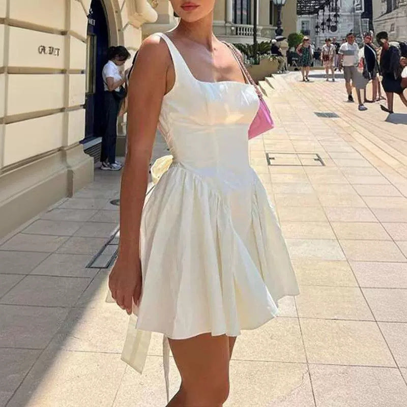 Women's Solid Color Backless Lace Up Bow Dress