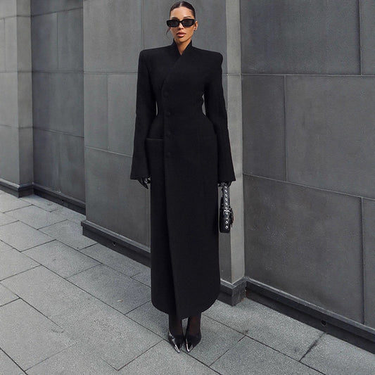 Fashion Temperament Pure Color Long Section With Stand Coats