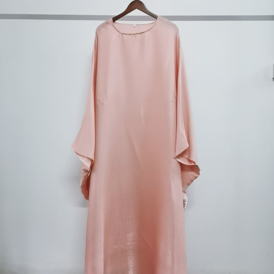 Solid Color Loose Simple Shiny Satin Robe Batwing Dress