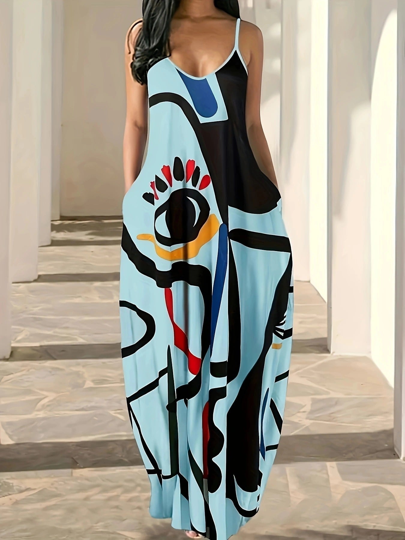 Summer Cool Sling Fashion Deep V Abstract Face Style Digital Dress