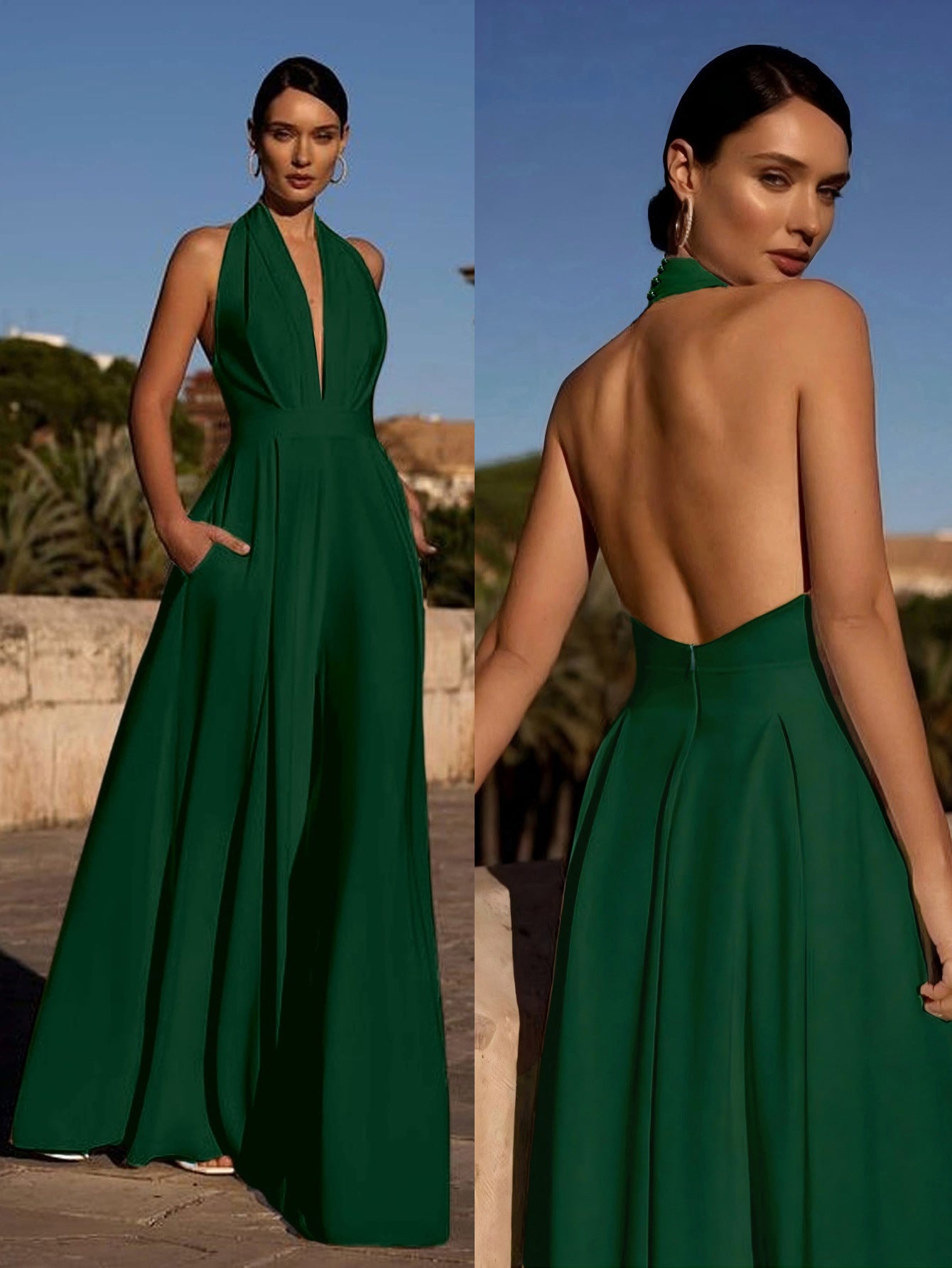Women's Sleeveless Halter Solid Color Wide Leg Jumpsuits