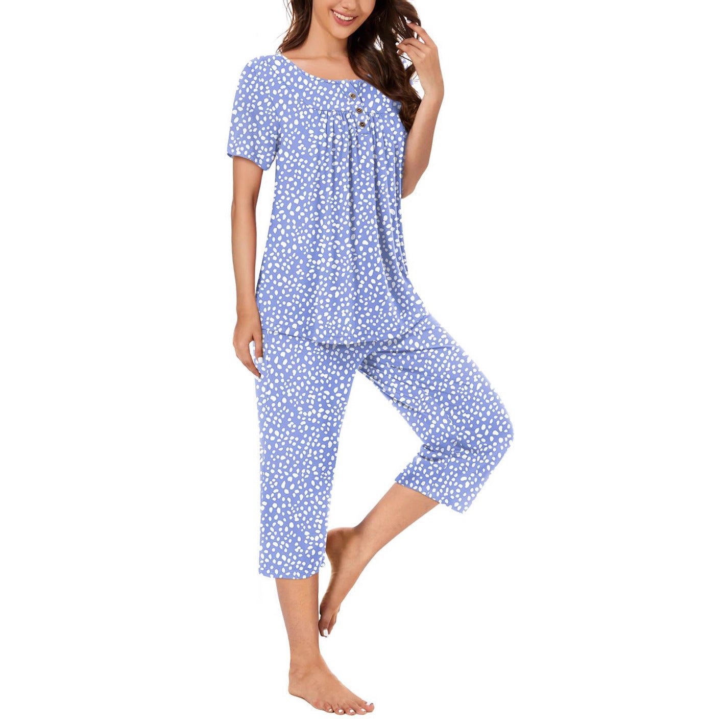 Women's Pajamas T-shirt Button Round Neck Printed Pants