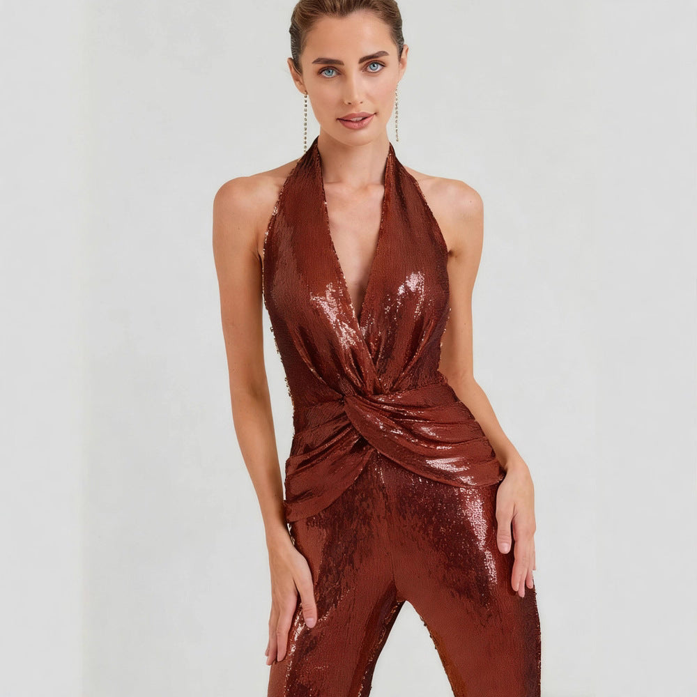 Women's Sequined Halter Sexy Deep Twisted High Jumpsuits