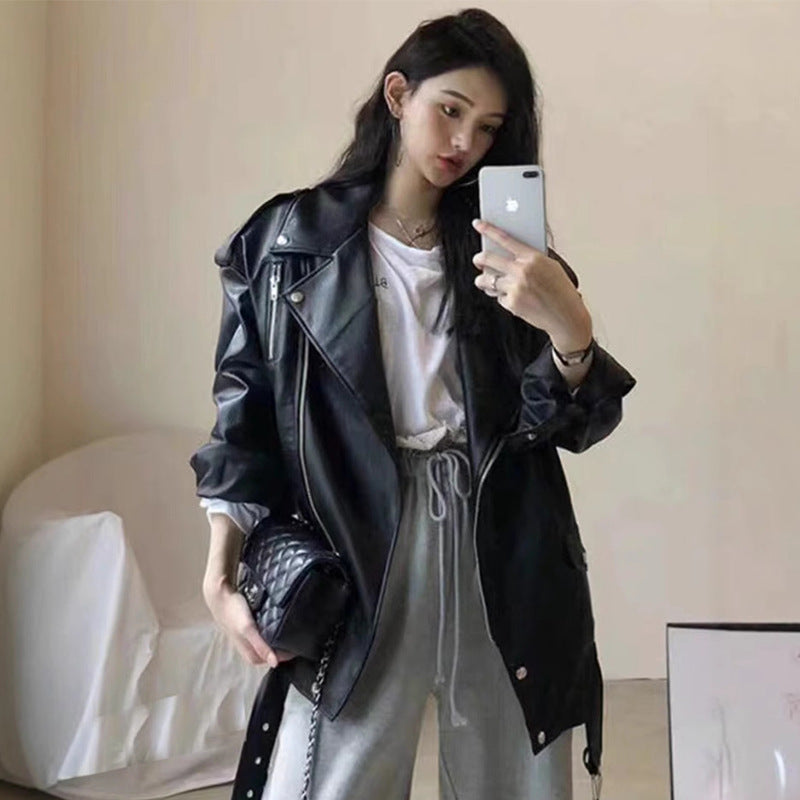Women's Mid-length Leather Korean Style Locomotive Jackets